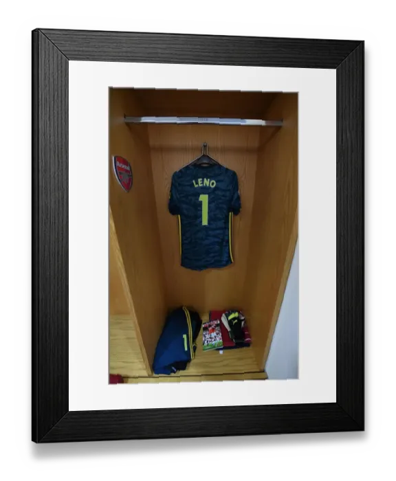 Framed Print : Arsenal FC: Bernd Leno Prepares for Aston Villa Clash in Emirates Stadium Changing Room (2019-20)
