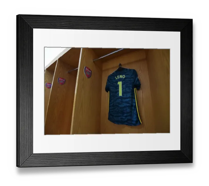 Framed Print : Arsenal's Bernd Leno Prepares for Aston Villa Showdown in Emirates Stadium Changing Room (2019-20 Premier League)