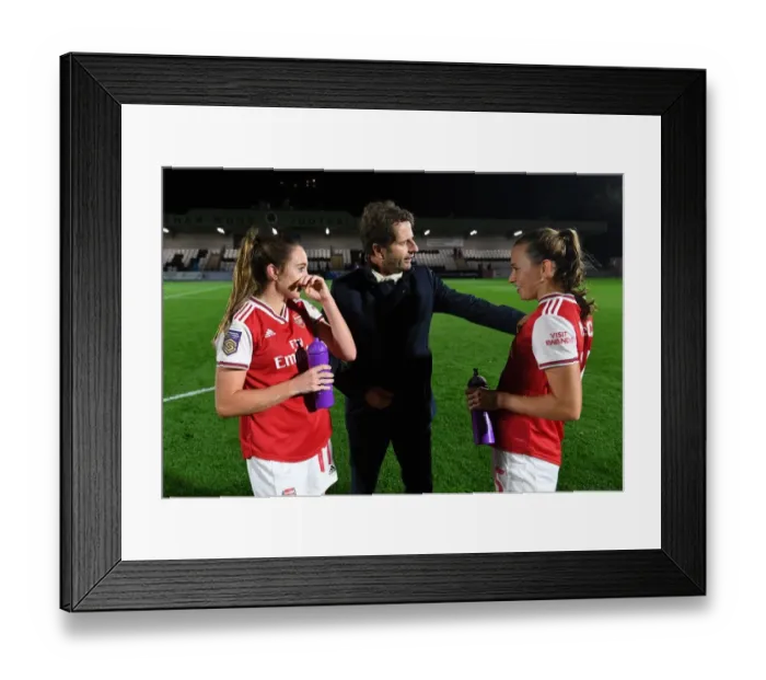Framed Print : Arsenal Women's UEFA Champions League: Montemurro Congratulates Evans and McCabe Post-Match Framed Print : Arsenal Women's UEFA Champions League: Montemurro Congratulates Evans and McCabe Post-Match