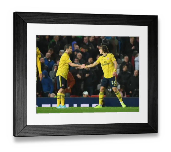 Framed Print : Rivals Unite: Sokratis and Luiz Share a Moment after United vs. Arsenal (2019-20) Framed Print : Rivals Unite: Sokratis and Luiz Share a Moment after United vs. Arsenal (2019-20)