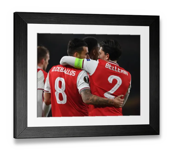 Framed Print : Arsenal's Dani Ceballos and Hector Bellerin Celebrate Goals Against Standard Liege in Europa League Match, 2019