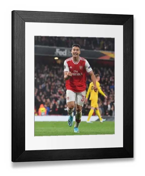 Framed Print : Arsenal's Europa League Victory: Martinelli Celebrates Dani Ceballos Goal vs Standard Liege (2019-20)