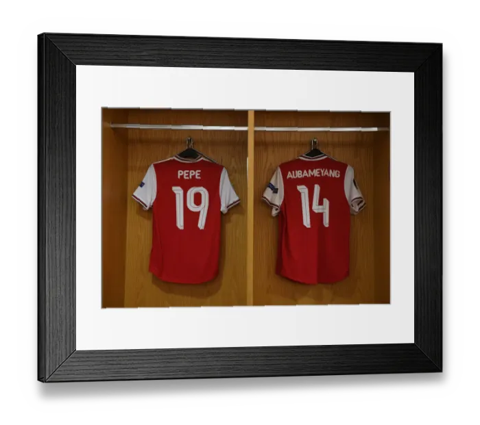 Framed Print : Arsenal FC: Pepe and Aubameyang's Shirts in the Changing Room - Arsenal v Standard Liege, UEFA Europa League (2019-20) Framed Print : Arsenal FC: Pepe and Aubameyang's Shirts in the Changing Room - Arsenal v Standard Liege, UEFA Europa League (2019-20)