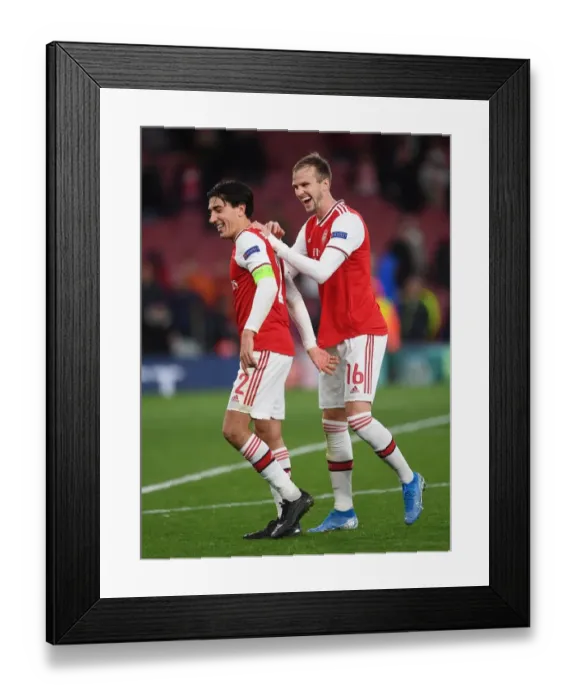 Framed Print : Arsenal FC: Hector Bellerin and Rob Holding Celebrate after Europa League Victory over Standard Liege