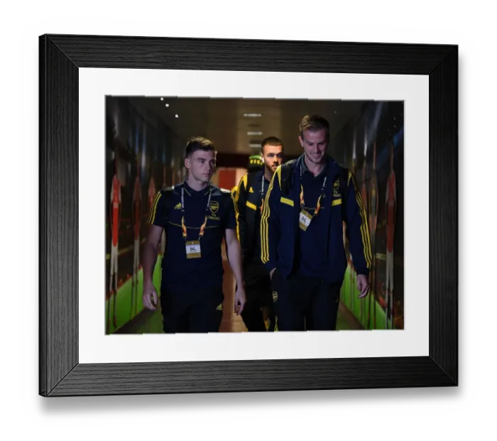 Framed Print : Arsenal FC: Kieran Tierney and Rob Holding Pre-Match Huddle vs Standard Liege, UEFA Europa League 2019-20