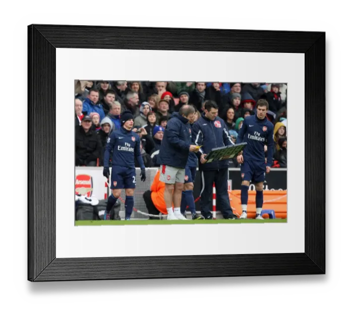 Framed Print : The Arsenal subs wait to come on. Andrey Arshavin (with hat), Eduardo and Aaron Ramsey