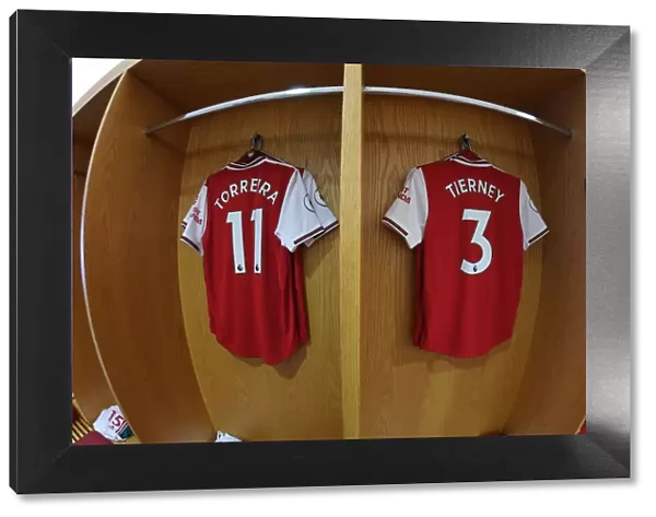 Arsenal FC: Torreira and Tierney's Shirts in the Changing Room before Arsenal v AFC Bournemouth (2019-20)