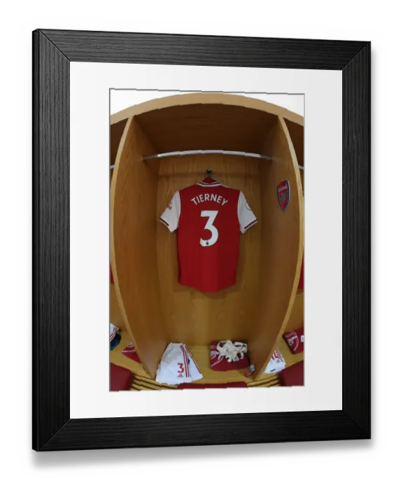 Framed Print : Arsenal FC: Kieran Tierney's Shirt in Emirates Changing Room (Arsenal v AFC Bournemouth, 2019-20)