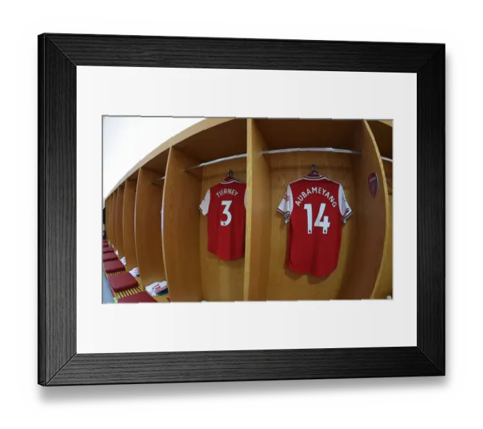 Framed Print : Arsenal FC: Tierney and Aubameyang's Match-Worn Shirts in the Changing Room (Arsenal v AFC Bournemouth, 2019-20) Framed Print : Arsenal FC: Tierney and Aubameyang's Match-Worn Shirts in the Changing Room (Arsenal v AFC Bournemouth, 2019-20)
