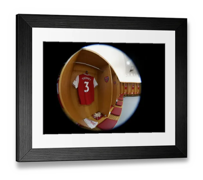 Framed Print : Arsenal FC: Kieran Tierney's Shirt in Arsenal Changing Room Before Arsenal v AFC Bournemouth (2019-20)