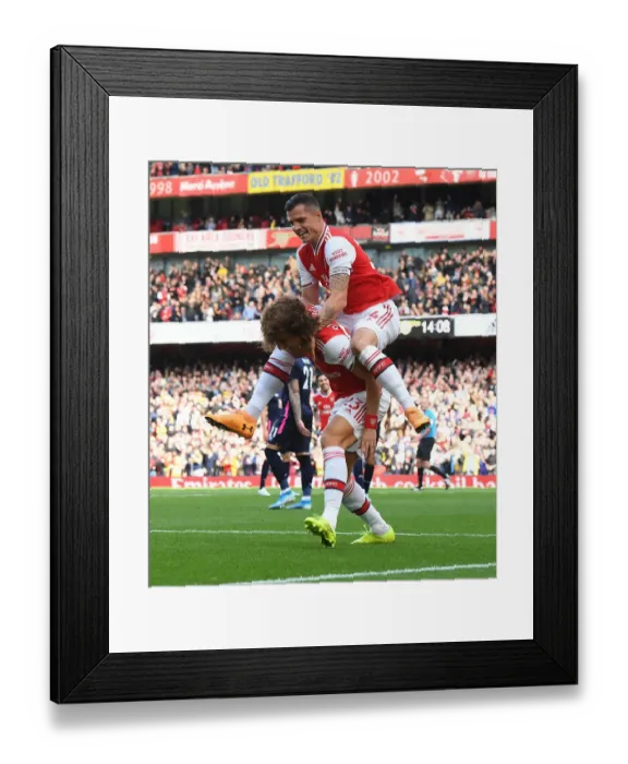 Framed Print : Arsenal's David Luiz and Granit Xhaka: A Celebratory Moment after Scoring against AFC Bournemouth, Premier League 2019-20