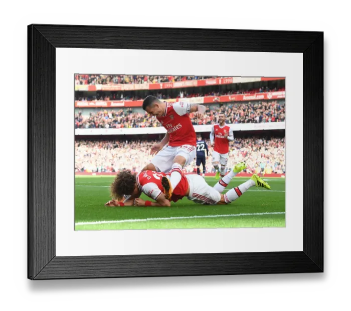 Framed Print : Arsenal's David Luiz and Granit Xhaka Celebrate Goal Against AFC Bournemouth, Premier League 2019-20