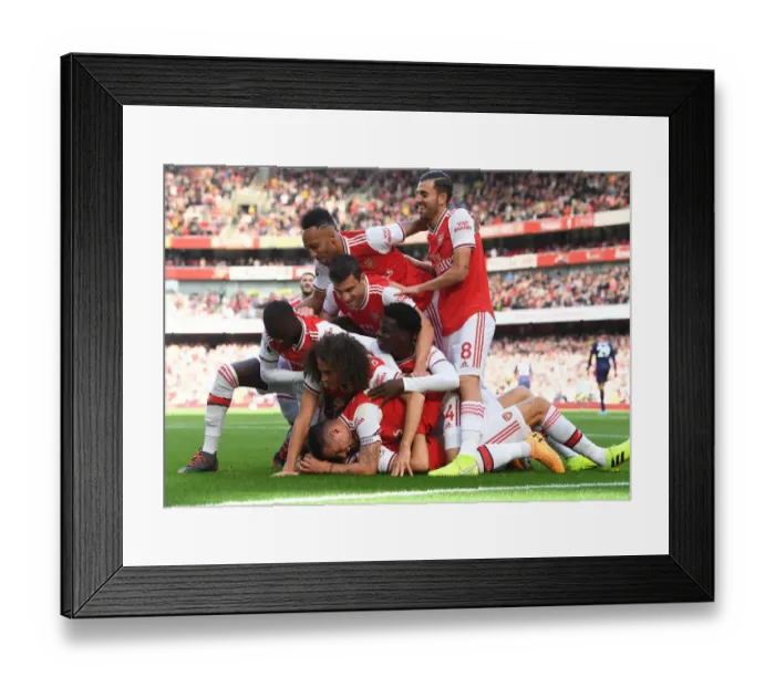 Framed Print : Arsenal's Thrilling Team Goal: David Luiz Scores and Celebrates with Team against AFC Bournemouth (2019-20)