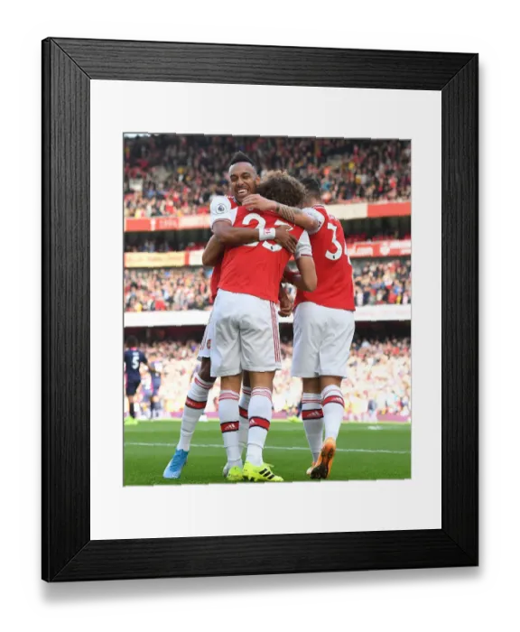 Framed Print : Arsenal's David Luiz, Aubameyang, and Xhaka Celebrate Goal vs. AFC Bournemouth (2019-20)