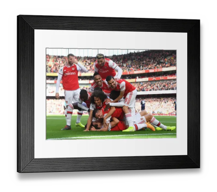 Framed Print : Arsenal's David Luiz Scores and Celebrates with Team against AFC Bournemouth in 2019-20 Premier League