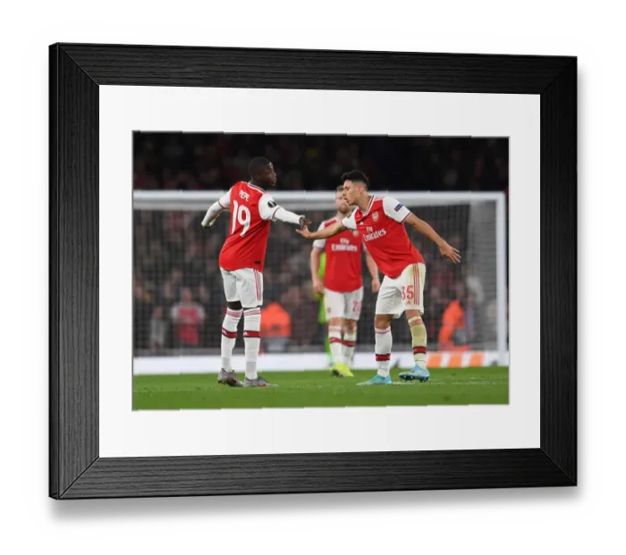 Framed Print : Arsenal's Nicolas Pepe and Gabriel Martinelli Celebrate Goals vs Vitoria Guimaraes, UEFA Europa League 2019-20