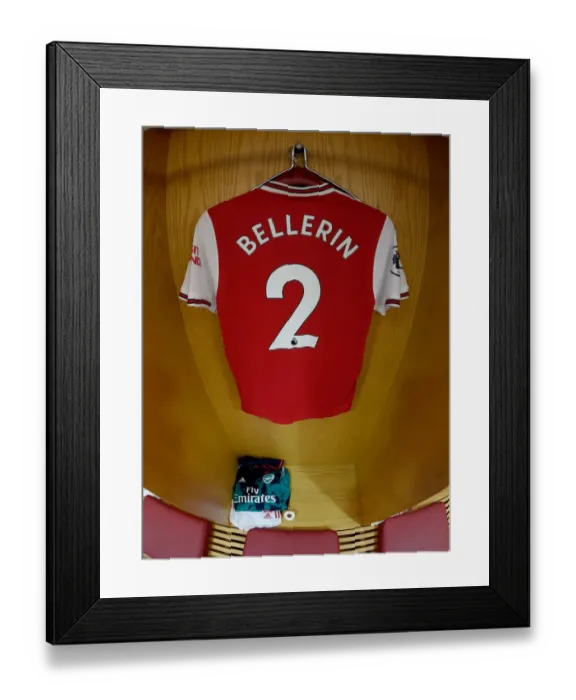 Framed Print : Arsenal FC: Hector Bellerin's Jersey in Arsenal Changing Room Before Arsenal v Crystal Palace (2019-20)