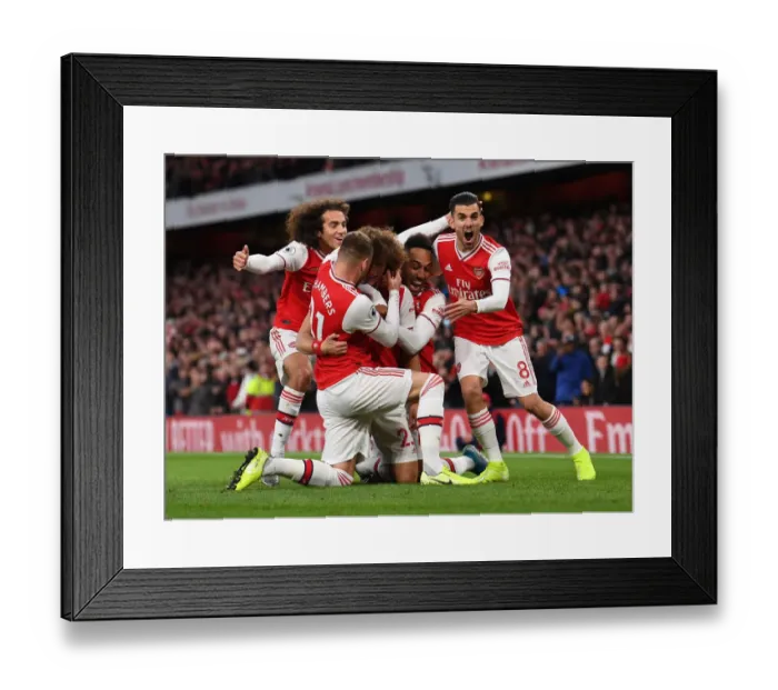 Framed Print : Arsenal's Double Delight: Luiz, Aubameyang, Ceballos, and Guendouzi Celebrate Goal Scoring Moment (2019-20)