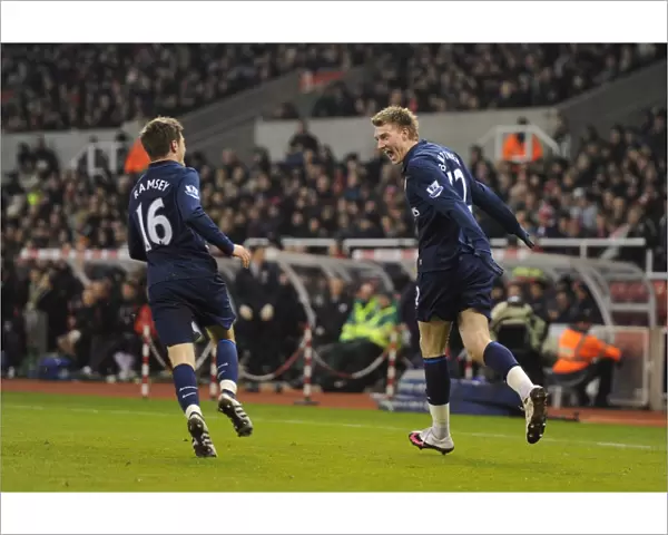 Nicklas Bendtner celebrates scoring the 1st Arsenal goal with Aaron Ramsey