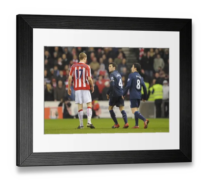 Framed Print : Cesc Fabregas and Samir Nasri (Arsenal) clash with Ryan Shawcross (Stoke) Framed Print : Cesc Fabregas and Samir Nasri (Arsenal) clash with Ryan Shawcross (Stoke)