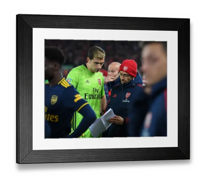 Framed Print : Arsenal's Javi Garcia Coaches Emi Martinez Before Liverpool Penalty Shootout Framed Print : Arsenal's Javi Garcia Coaches Emi Martinez Before Liverpool Penalty Shootout
