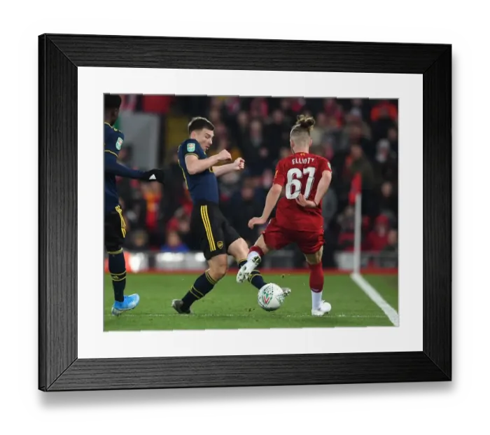 Framed Print : Arsenal's Kieran Tierney Tackles Harvey Elliott in Carabao Cup Clash vs. Liverpool