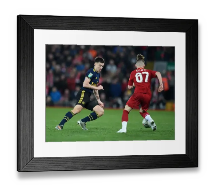 Framed Print : Kieran Tierney Closes In on Harvey Elliott: Liverpool vs Arsenal - Carabao Cup Showdown