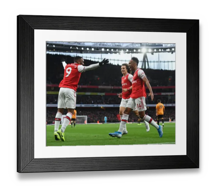 Framed Print : Arsenal's Aubameyang and Lacazette Celebrate Goal Against Wolverhampton Wanderers, Premier League 2019-20