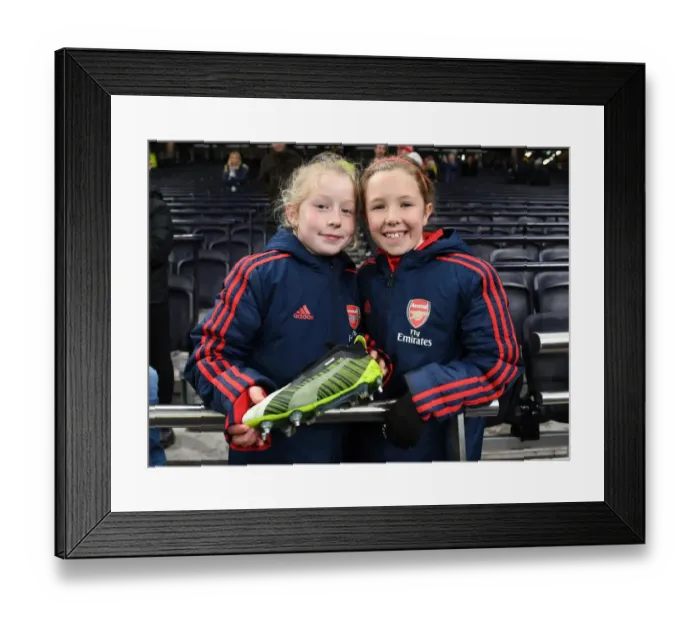 Framed Print : Young Arsenal Fans with Katie McCabe's Boots: Tottenham Hotspur vs Arsenal FA Womens Super League Match
