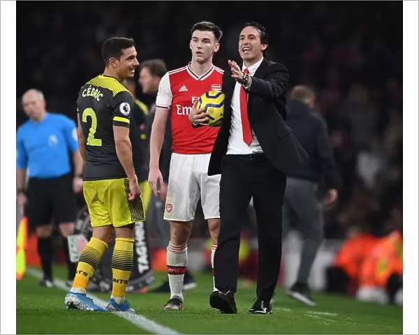 Strategic Talks: Unai Emery and Kieran Tierney at Arsenal's Touchline during Arsenal vs Southampton, 2019-20 Premier League