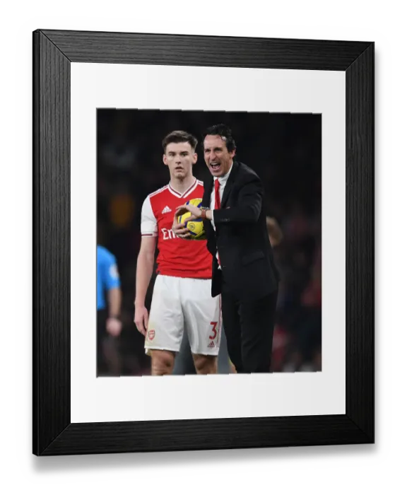 Framed Print : Arsenal's Unai Emery and Kieran Tierney During Arsenal vs Southampton Premier League Match, 2019