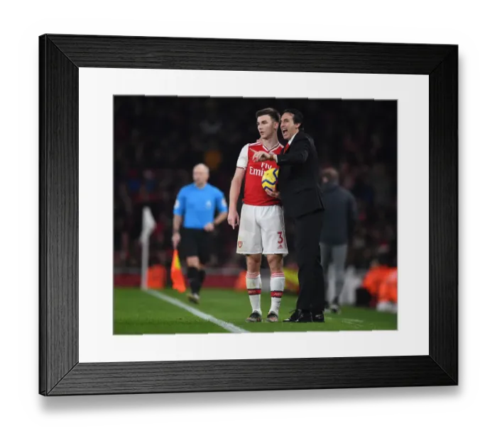 Framed Print : Arsenal's Unai Emery and Kieran Tierney During Arsenal v Southampton Premier League Match