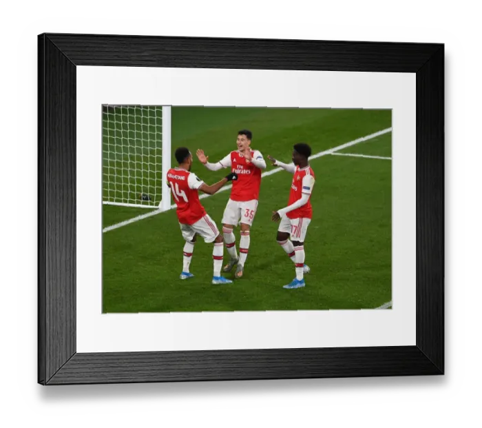Framed Print : Arsenal's Aubameyang, Martinelli, and Saka Celebrate Goal vs Eintracht Frankfurt, UEFA Europa League 2019-20