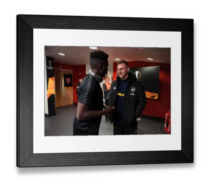 Framed Print : Pre-Match Chat: Bernd Leno and Danny Da Costa, Arsenal FC vs Eintracht Frankfurt (UEFA Europa League)