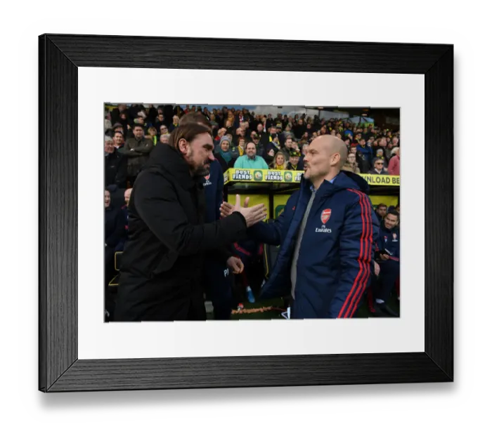 Framed Print : Freddie Ljungberg and Daniel Farke: A Pre-Match Handshake Ahead of Norwich City vs. Arsenal FC (Premier League, December 2019)