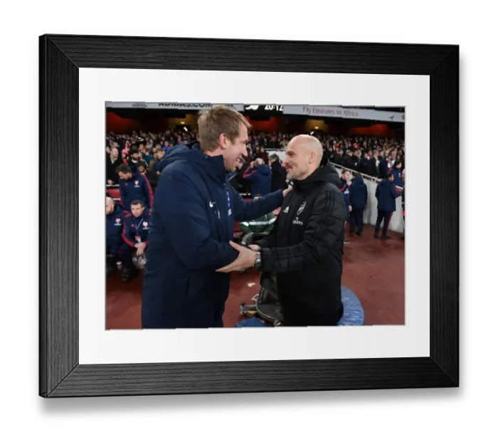 Framed Print : Arsenal vs Brighton: Pre-Match Greeting between Interim Coaches Mikel Arteta and Graham Potter (December 2019)