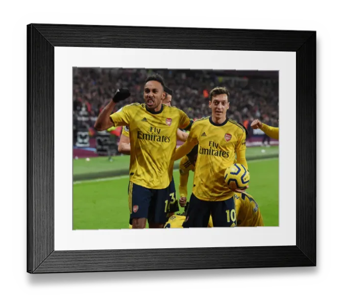Framed Print : Aubameyang and Ozil Celebrate Arsenal's Goals Against West Ham United (2019-20)