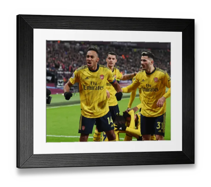 Framed Print : Arsenal: Aubameyang and Kolasinac Celebrate Goal Against West Ham United (2019-20)