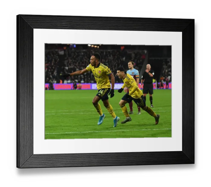 Framed Print : Aubameyang and Martineli Celebrate Arsenal's Third Goal vs. West Ham United (Premier League, 2019-20)