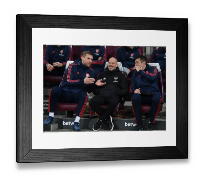 Framed Print : Arsenal Coaches Ljungberg, Mertesacker, and Bibbo Share a Laugh on the Touchline during West Ham Match Framed Print : Arsenal Coaches Ljungberg, Mertesacker, and Bibbo Share a Laugh on the Touchline during West Ham Match