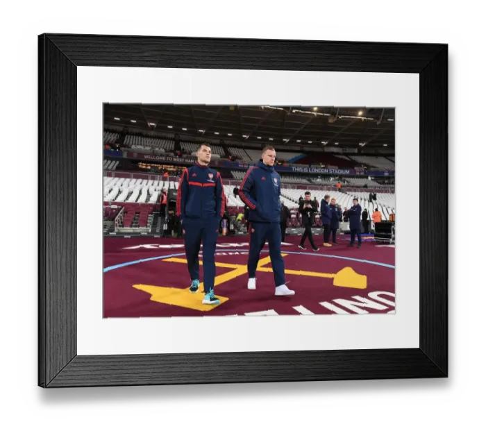 Framed Print : Arsenal's Xhaka and Leno Pre-Match Huddle at West Ham United (Premier League 2019-20) Framed Print : Arsenal's Xhaka and Leno Pre-Match Huddle at West Ham United (Premier League 2019-20)