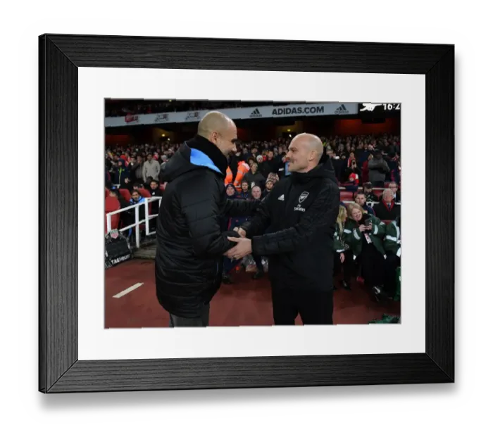 Framed Print : Arsenal's Freddie Ljungberg and Manchester City's Pep Guardiola Pre-Match Handshake - Arsenal FC vs Manchester City, Premier League 2019-20
