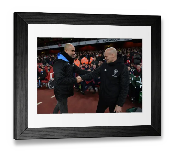 Framed Print : Arsenal's Ljungberg and Guardiola Share a Pre-Match Handshake Ahead of Arsenal vs. Manchester City (2019-20) Framed Print : Arsenal's Ljungberg and Guardiola Share a Pre-Match Handshake Ahead of Arsenal vs. Manchester City (2019-20)