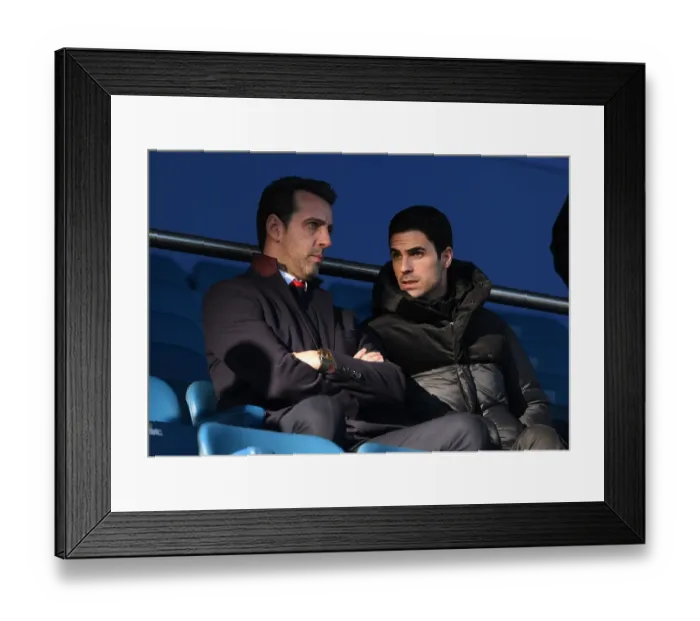 Framed Print : Arsenal's Edu and Arteta Pre-Match Conversation at Everton (Premier League, Dec 2019)