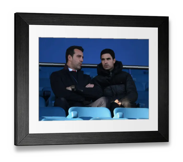 Framed Print : Arsenal's Edu and Arteta Discuss Tactics Before Everton Clash (Everton vs Arsenal, Premier League 2019-20)