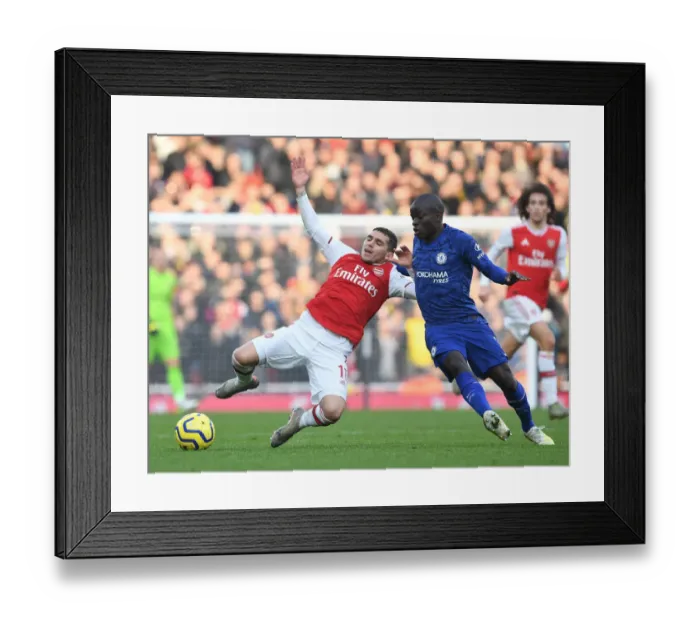 Framed Print : Intense Rivalry: Torreira Fouls Kante in Arsenal vs. Chelsea Clash (Premier League 2019-20)