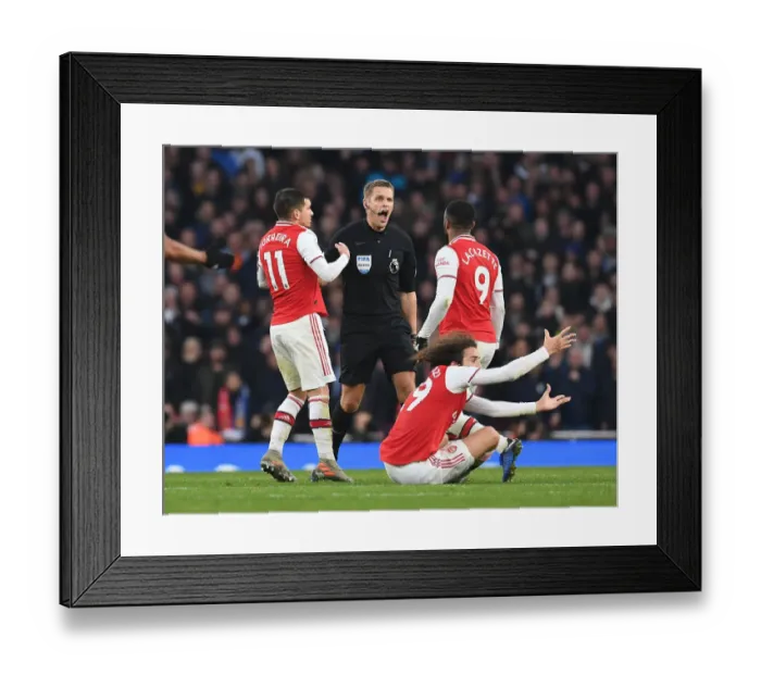 Framed Print : Arsenal's Torreira, Aubameyang, and Guendouzi Protest Ref's Decision: Arsenal vs. Chelsea (December 2019)
