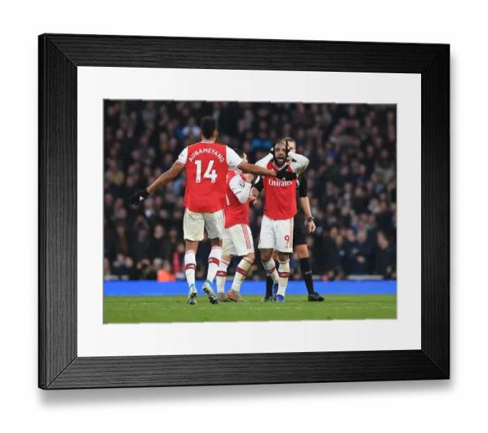 Framed Print : Arsenal's Lacazette and Aubameyang Protest Referee Decision During Arsenal v Chelsea Clash