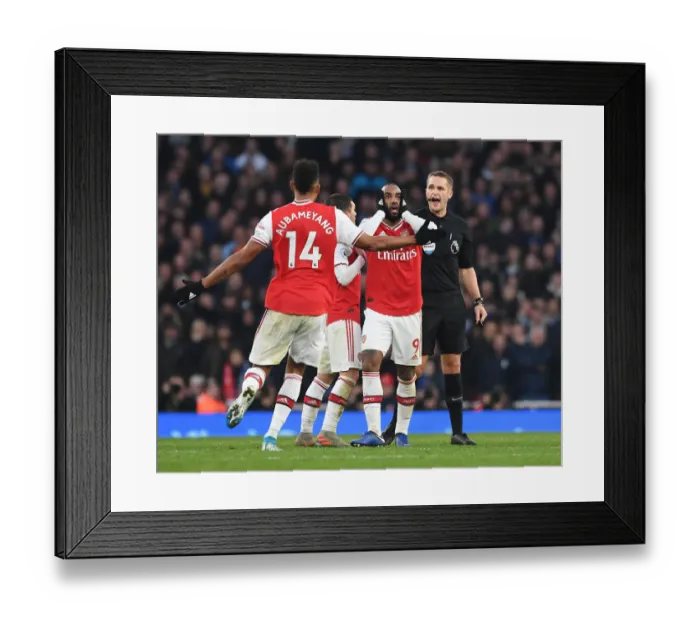 Framed Print : Arsenal's Lacazette and Aubameyang Protest Ref's Decision During Arsenal vs. Chelsea Clash (2019-20)