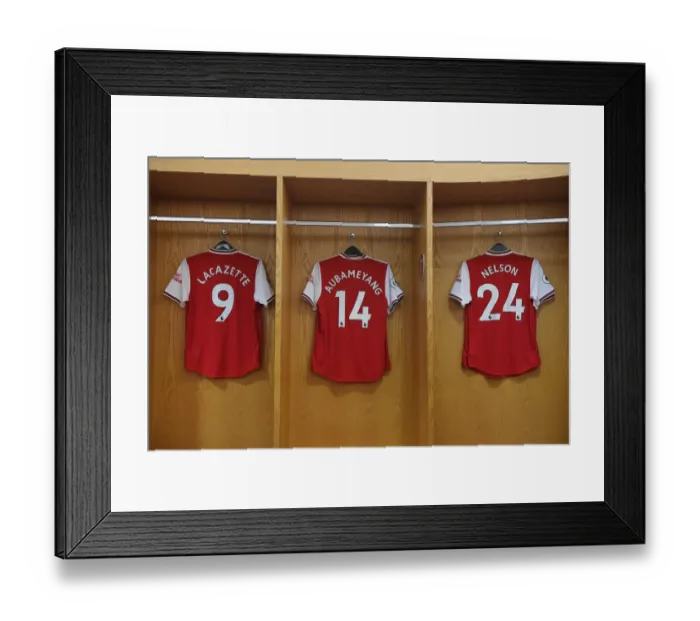 Framed Print : Arsenal FC: Pre-Match Uniforms of Lacazette, Aubameyang, and Nelson vs Chelsea FC (Arsenal v Chelsea 2019-20)